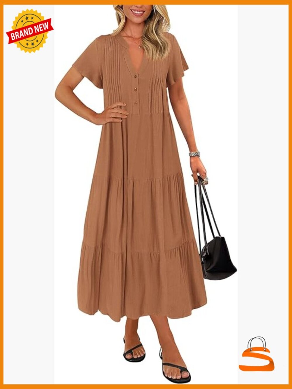 Short Sleeve V Neck Pleated Loose Tiered Swing Flowy Maxi Dress with Pockets
